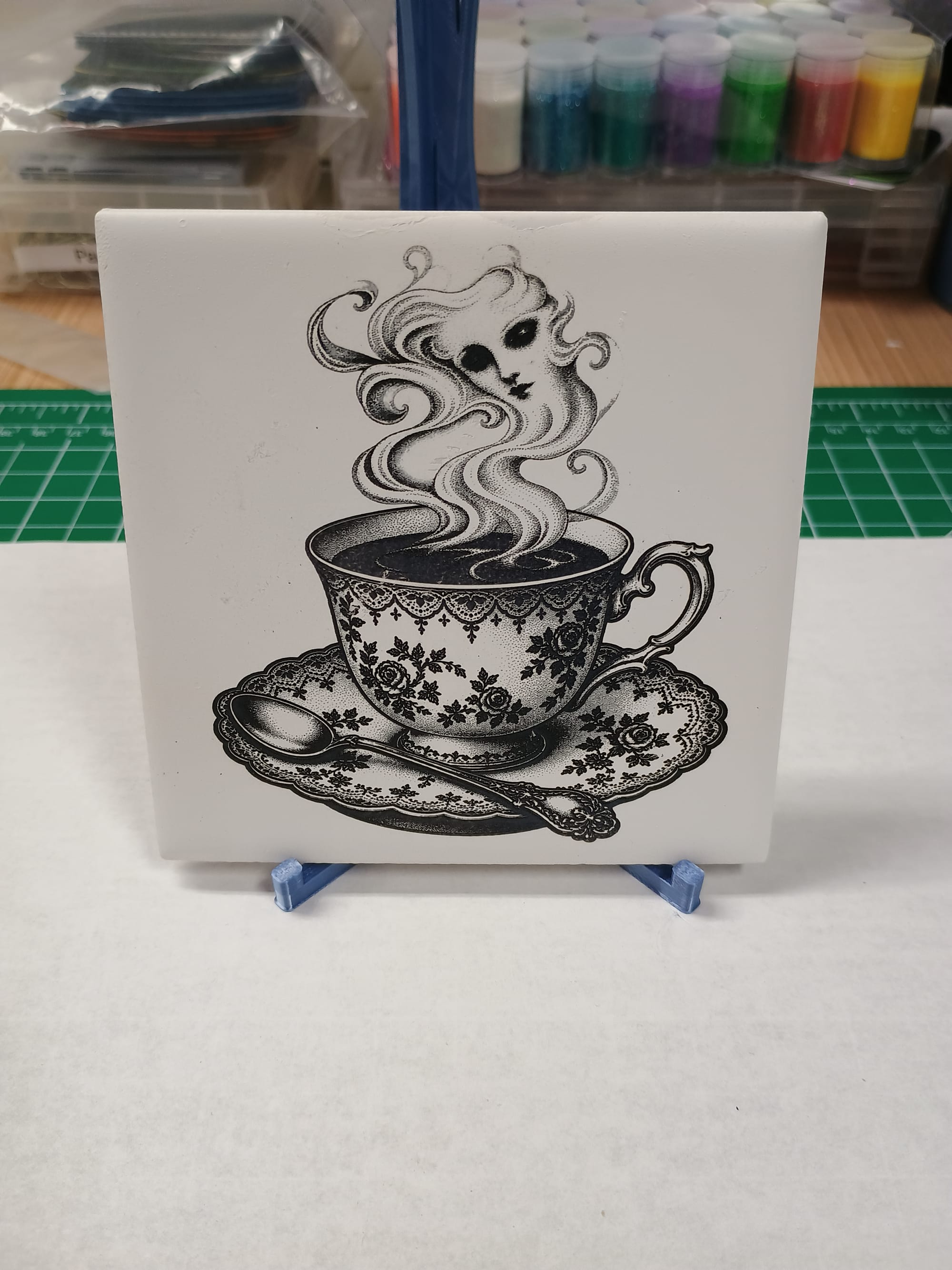 Ghost in the Tea — one of our newest engraved ceramic pieces, because apparently even the afterlife needs a proper cup.