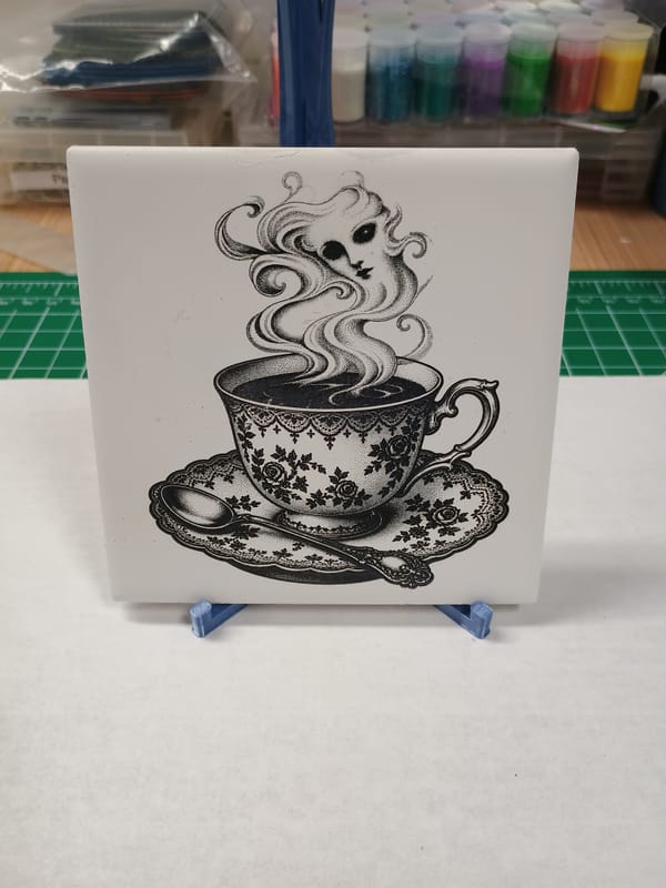 Ghost in the Tea — one of our newest engraved ceramic pieces, because apparently even the afterlife needs a proper cup.